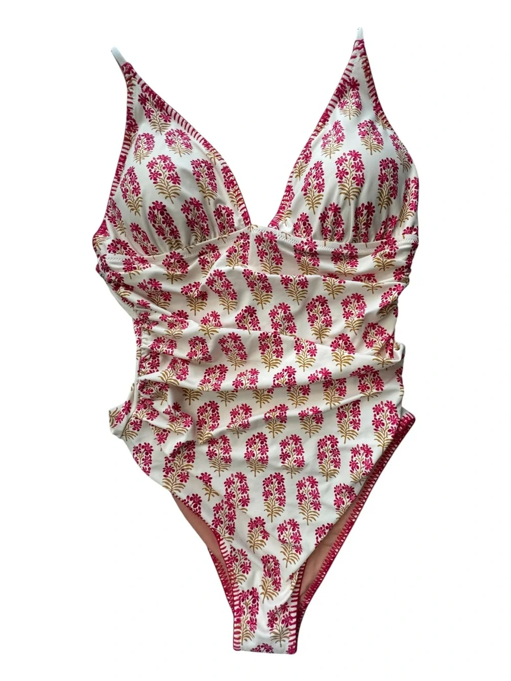 J Crew Ruched Plunge One-Piece Swimsuit Berry Block Print 14 Floral NWOT 2024
